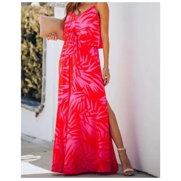 Vici Pink Red Tropical Print Maxi Dress Small Sleeveless Beach Vacation - Image 3