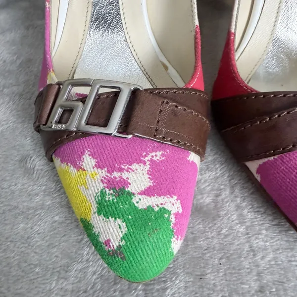Miss Sixty Heels Y2K Artsy Italian Canvas Buckle Pointed Toe Size 7.5 Multicolor - Image 4