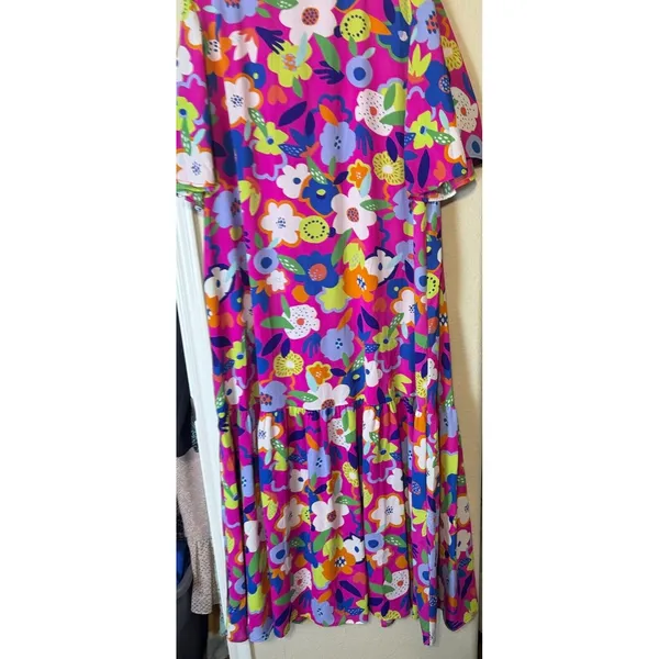 Adrienne Maxi Dress 1X Pink Floral Flower Power V-Neck Tiered Maximalist Bright - Image 6