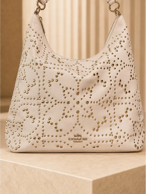 Coach Studded Leather Hobo Bag White Medium Shoulder Purse - Image 2