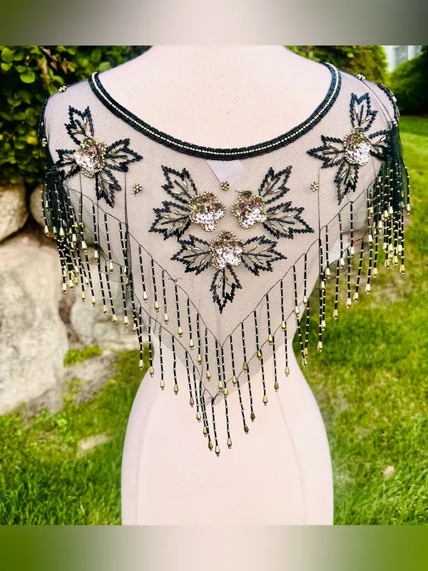 Fina Moda Vintage Beaded Black Mesh Caplet Collar Scarf with Fringe & Sequins - Image 6