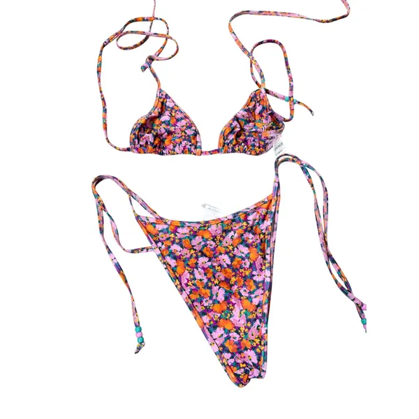 L*Space Bikini Set Multicolor Floral Triangle Top Side Tie Bottoms Size M/M - Image 4