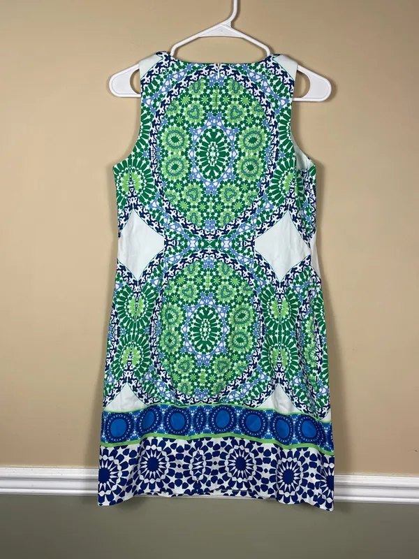 London Times Women’s Geometric Pattern Green Blue White Tank Shift Dress - Image 4
