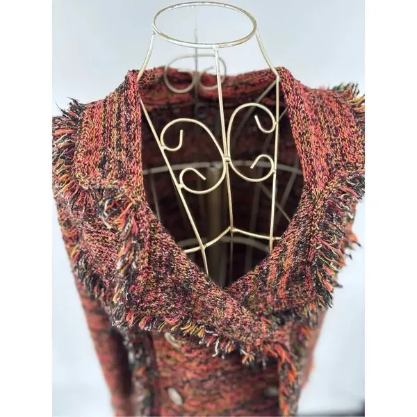 One Girl Who Anthropologie Double Breasted Tweed Fringe Knit Jacket Multicolor S - Image 5