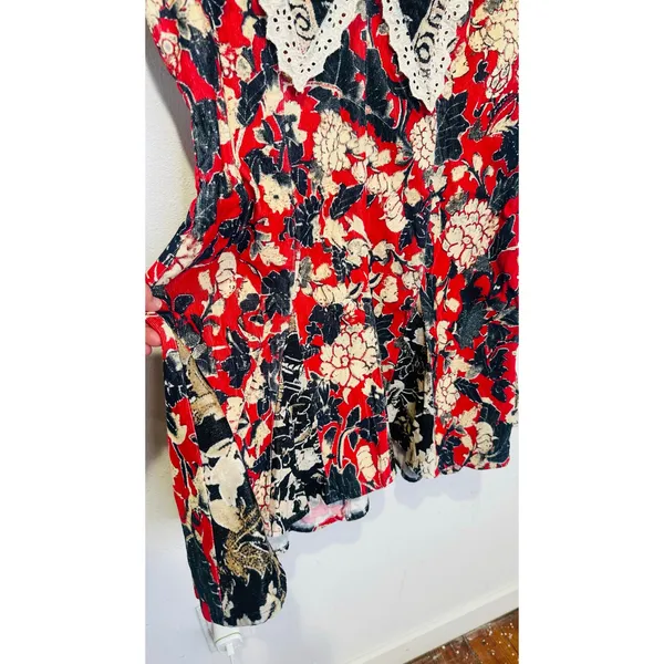 FREE PEOPLE Red White Bali Antoinette Corduroy Lace Mini Dress size Large - Image 7