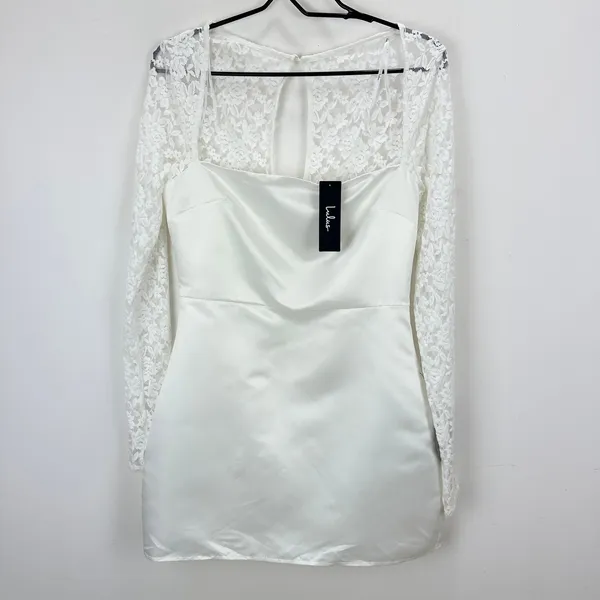 Lulus Prettiest Behavior White Satin Lace Long Sleeve Mini Dress Medium NWT - Image 5
