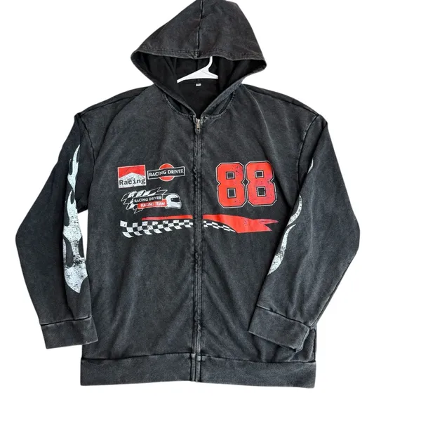 Tik‎ Tok Viral Racetrack Hoodie Sweatshirt Black Acid Wash Flame Motocore Size M - Image 2