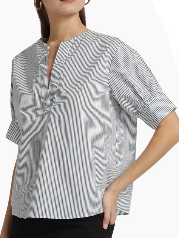 Like New FRAME Striped V Neck Puff Sleeve Organic Cotton Top Medium Retail $298 - Image 2