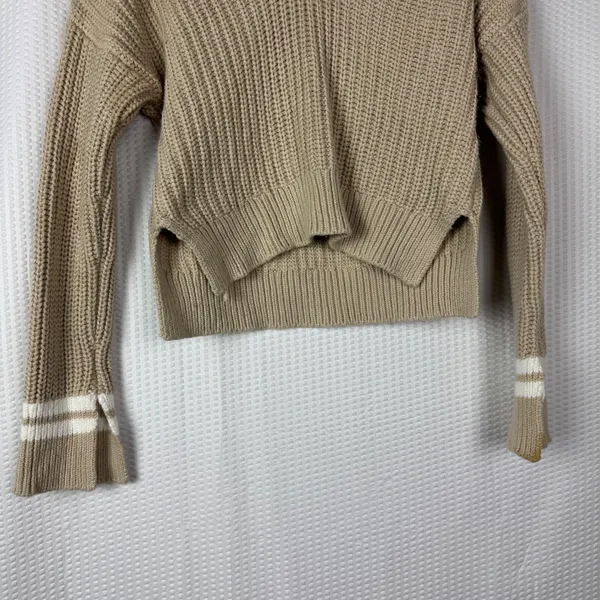 Abercrombie Fitch Tipped Ribbed V Neck Sweater Light Brown XXS Striped Collar‎ - Image 4