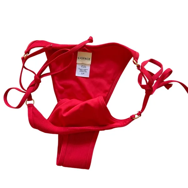 L*Space Red Ribbed Side Tie‎ Bikini Bottoms Gold Ring Hardware Small - Image 4
