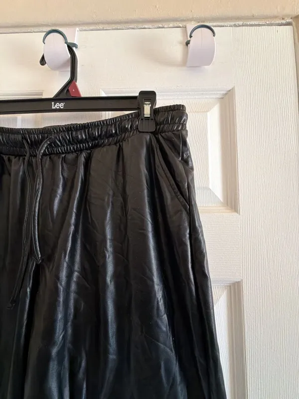 Black Faux Leather Elastic Waist Drawstring Jogger Pants EPI1238-J - Image 6