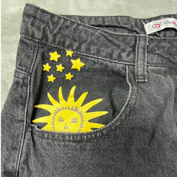 Womens M Graphic Yellow Sun Moon Stars Denim Black Straight Jeans Boho - Image 4