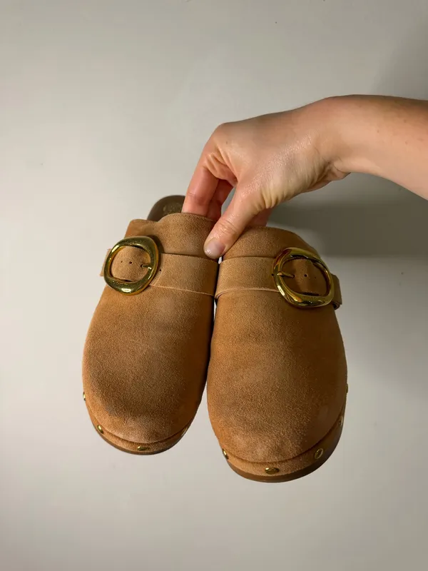 Vince Camuto Women’s Tan Suede Clog Mule with Gold Buckle - Image 4