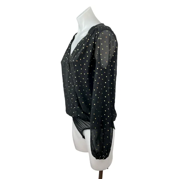 All in Favor Black Metallic Dot Sheer Mesh Long Sleeve Wrap Bodysuit Top Size S - Image 3