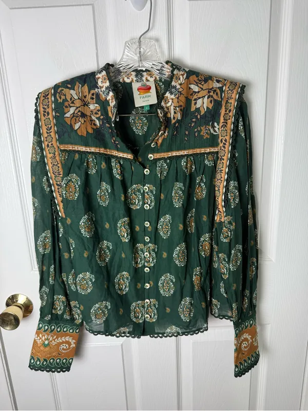 Farm Rio Green Tayla Lace Buttoned Puff Sleeve Blouse S - Image 2