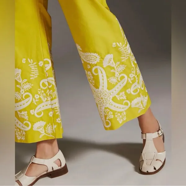 Anthropologie Yellow Wide Leg Pants with White Paisley - Image 5