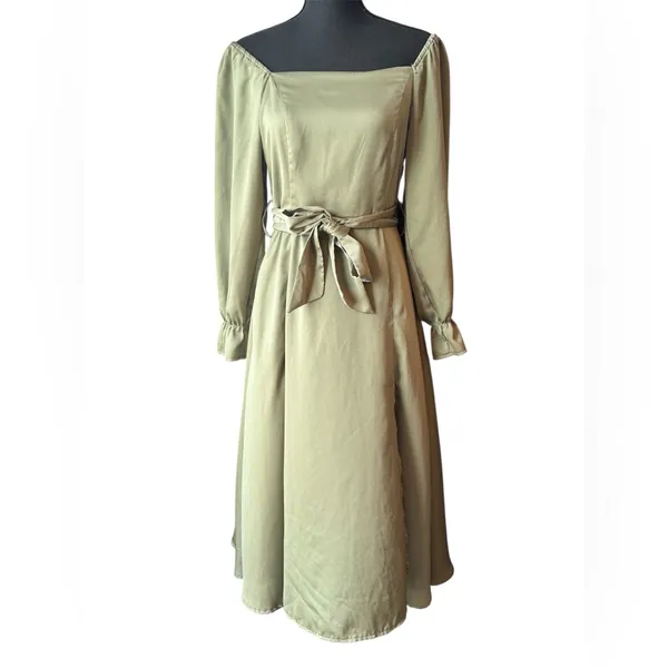 Elegant Olive Off-Shoulder Dress with belt medium - Image 2