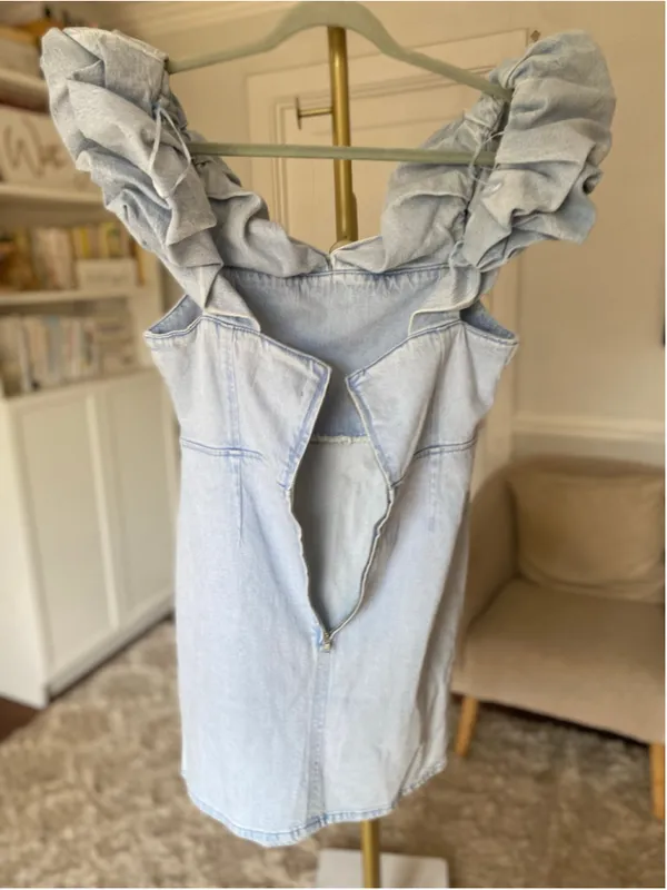 ASOS Design Lightwash Denim Mini Dress Ruffle Strap Coquette Cowgirl Y2K NWT 90s - Image 4
