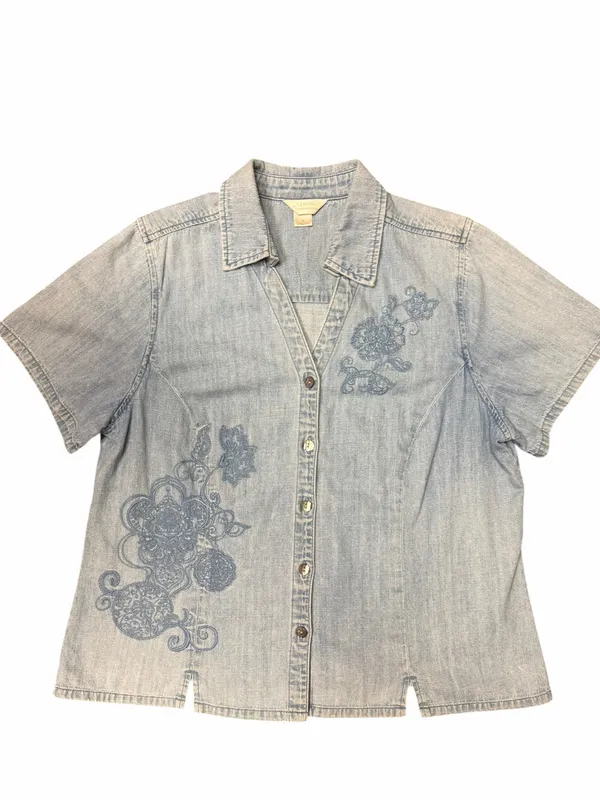 Vintage Y2K Denim Embroidered Button Front Top Cottagecore Boho Western XL - Image 4