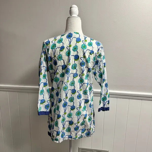 Gretchen Scott Long Sleeve Tunic Top Blouse Floral Blue Green Cotton Medium - Image 10
