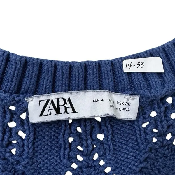 Zara Blue Knit V-neck Size Medium Vest Top Flowers Sleeveless Cotton | 14-33 - Image 4