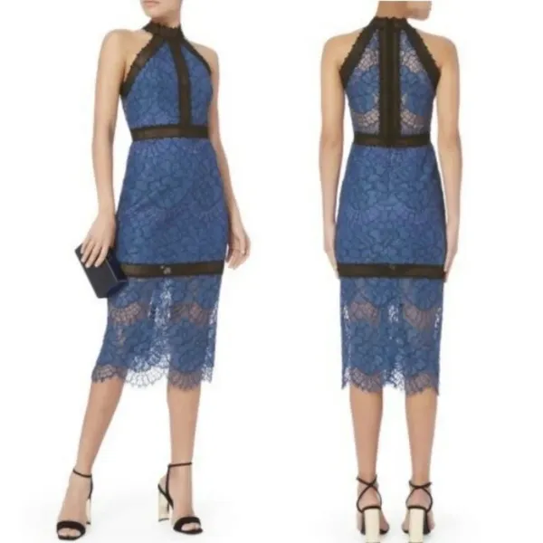 Alexis Julianna Royal Blue Black Lace Halter Midi Dress Size M Cocktail Wedding - Image 3