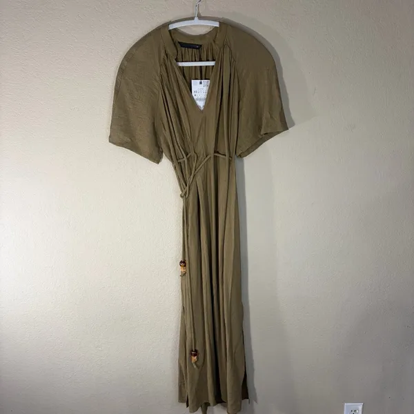 Zara Dress Womens Sz XS Khaki Olive Midi Pleated Tie Waist Contemprorary Beachy - Image 2