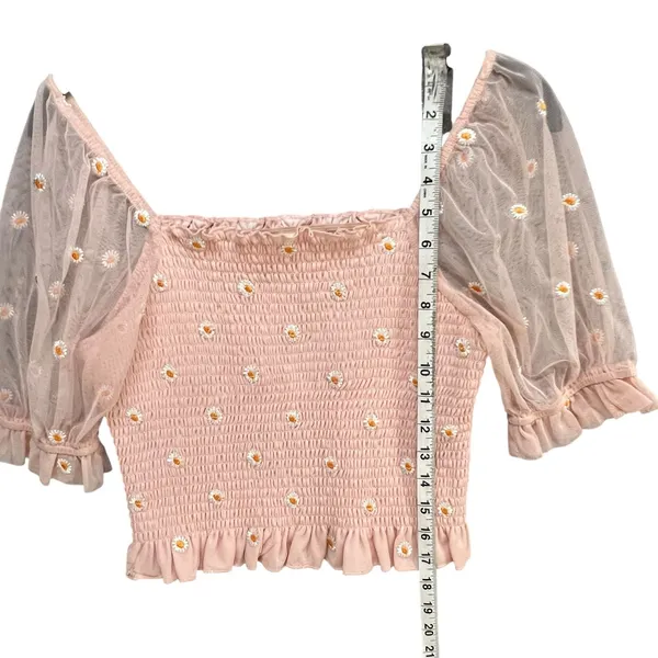 Altar'd State Smocked Top Women M Pink Embroider Daisy Ruffle Coquette Feminine - Image 7
