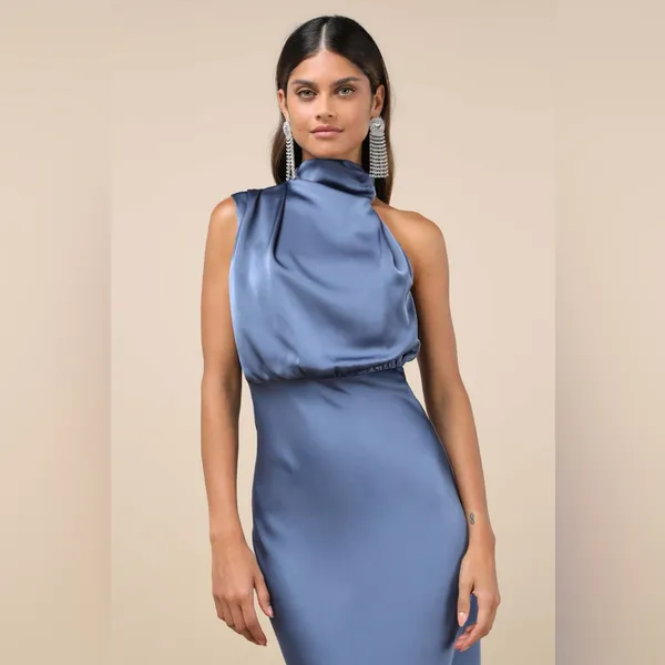LULU’S Distinctive Charm Slate Blue Satin Asymmetrical Midi Dress - Image 5