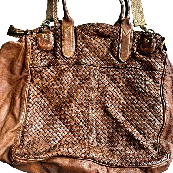 Bruno Magli Brown Woven Leather Duffle Satchel Travel Bag Made Italy Y2K - Image 6