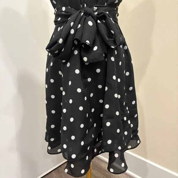 90s Scarlett Black White Polka Dot Fit Flare Dress Criss Cross Back Waist Tie‎ S - Image 7