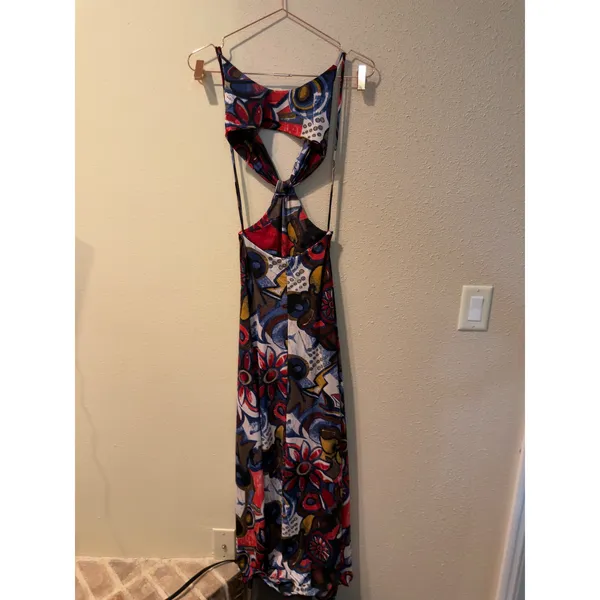Pia Colors Midi Dress S Multicolor Abstract Floral Twist Front Cutout Open Back - Image 3