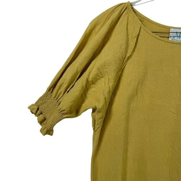 ShopTheMint Women M Yellow Boho Smocked Short Sleeve‎ Linen Blouse Fall Layering - Image 3