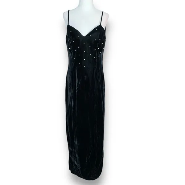Vintage‎ Black Velvet Pearl Beaded Maxi Slip Dress 90s Formal Evening Size 10 - Image 15