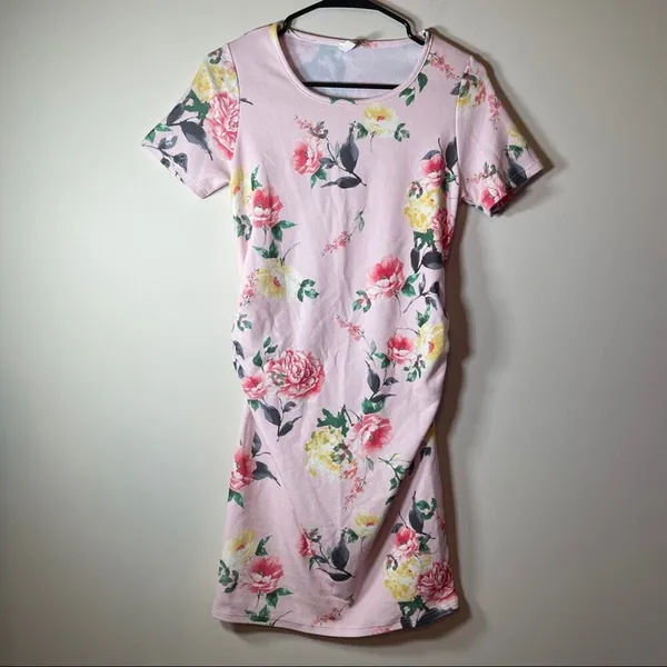 PinkBlush Pink Floral‎ Fitted Ruched Short Sleeve Maternity Dress Size S - Image 3