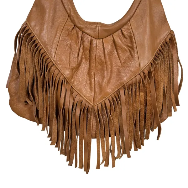 VTG Brown Genuine Leather Fringe Hobo Bag Boho Crossbody Made in Mexico Western - Image 2