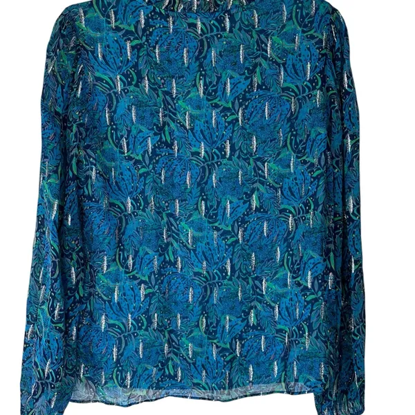 Lilly Pulitzer Blue Cat Print Blouse Long Sleeve‎ V Neck Lightweight Ruffle SZ S - Image 2