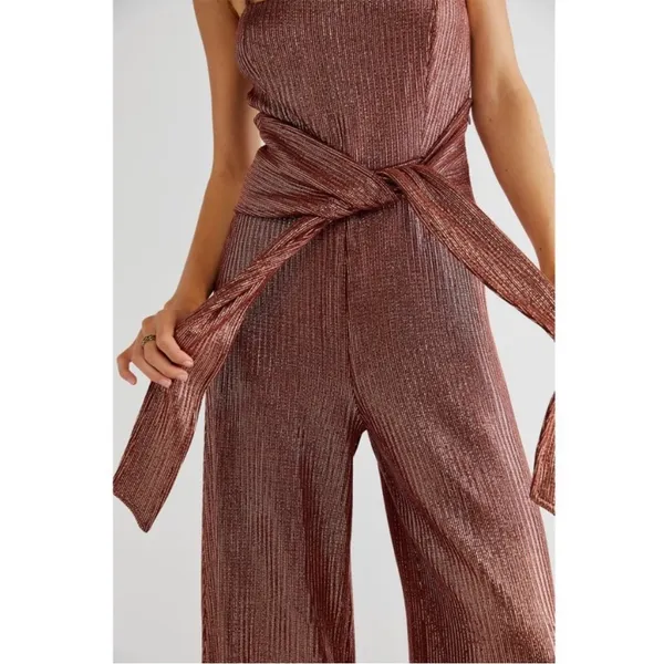 NWT Free‎ People Shimmer and Shine Jumpsuit / Ginger Snap Metallic Womens Size S - Image 3