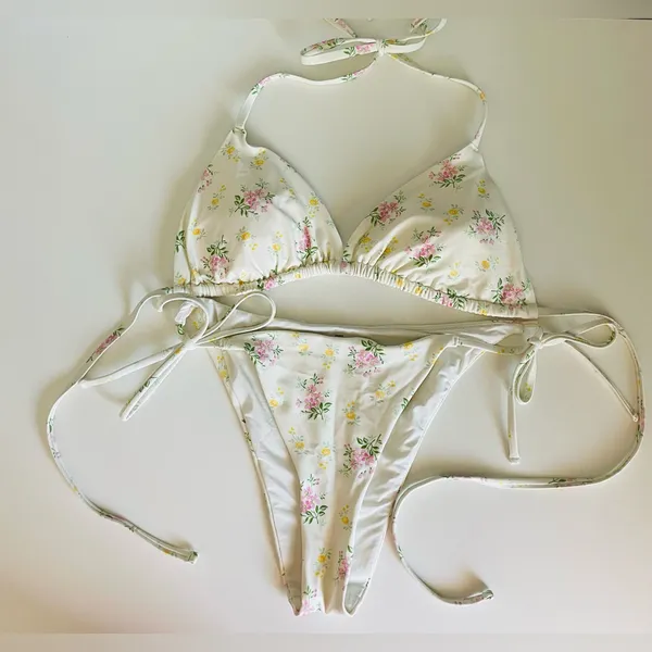 Aerie White Floral 2-Piece Swimsuit - Adjustable Tie-Side String Bikini - Image 2