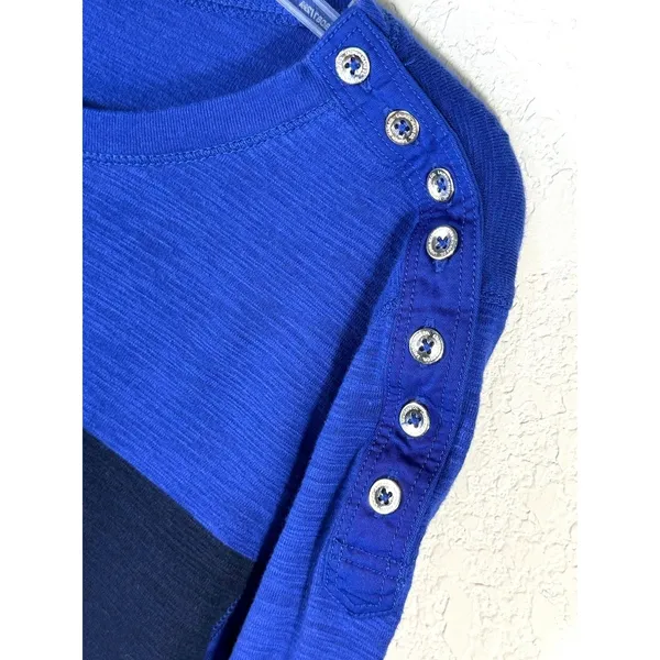 LRL Lauren Jeans Co Ralph Lauren Top Size L Blue Stripe Button Shoulder Blouse - Image 3