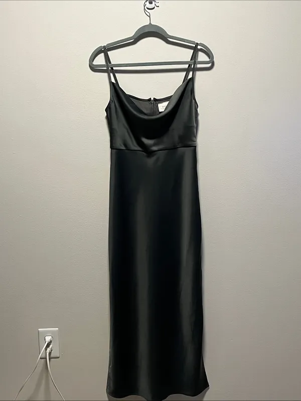 BHLDN Anthropologie Cali Satin Cowl-Neck Midi Dress in Moss Green, Size 4 - Image 2