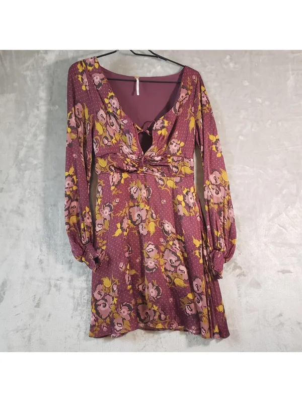 Free People Mini Dress Floral Print Long Sleeve Maroon Size 6 - Image 2