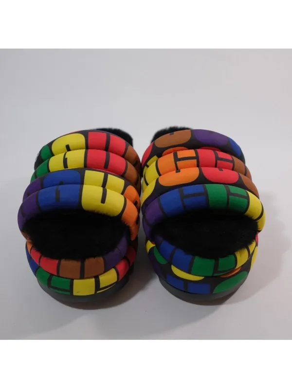 UGG Rainbow Puff Platform Slide Slippers with Black Plush - Image 3