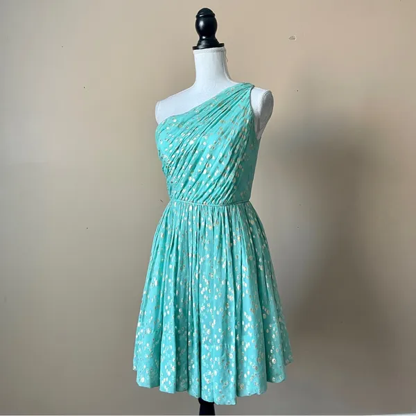 SHOSHANNA | Silk Blend Teal/Metallic Gold Rayna One-Shoulder Cocktail Dress Sz 4 - Image 5