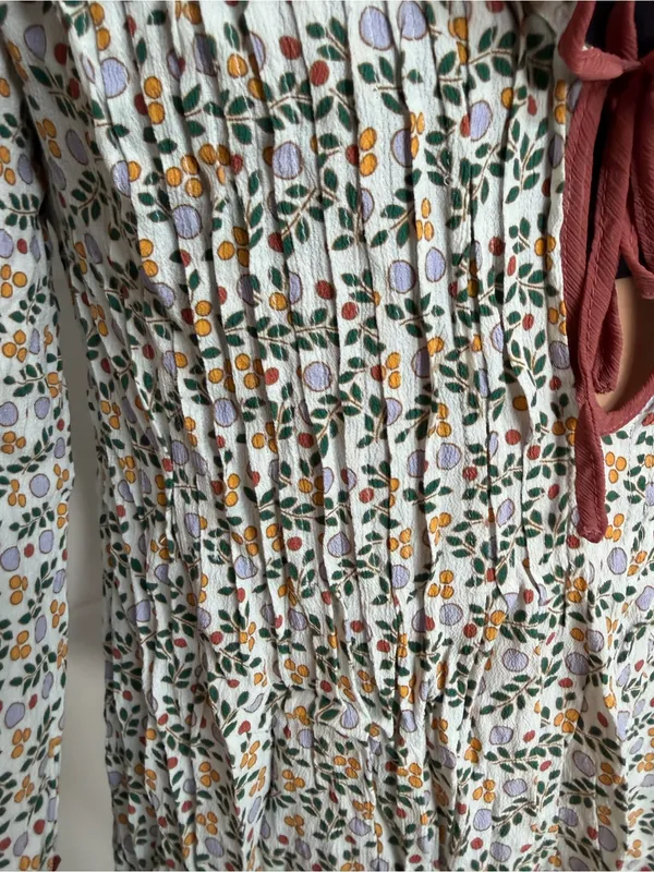 Women’s Free People White Floral Ruffle Dress w/Rust Trim Size S Trumpet sleeves - Image 6