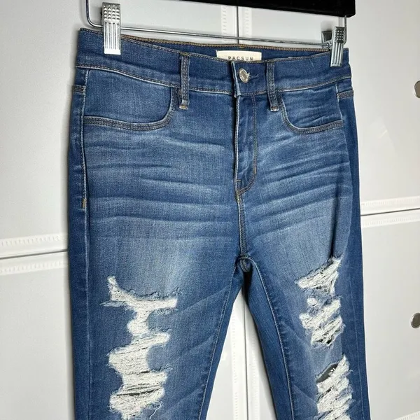 PacSun Perfect Fit Medium Indigo Wash Distressed/ Destroyed Jeggings Size 25 - Image 10