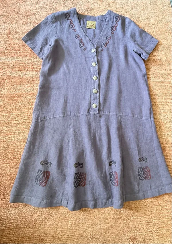 Vintage Blue Cactus Linen Dress Made USA Southwest Print Button Front - Image 2