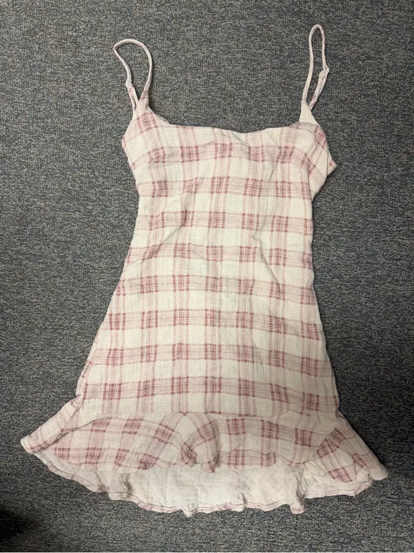 Olivaceous Plaid Mini Cotton Gauze Dress Pink Cottagecore Open Back M Ruffle Hem - Image 5