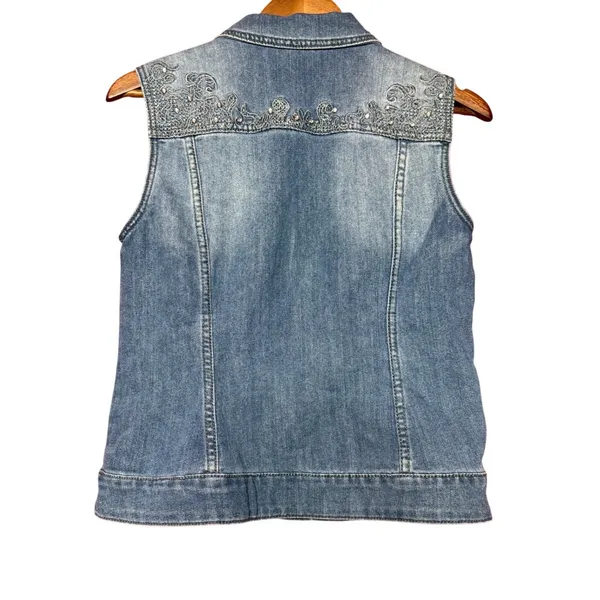 Premium Denim Christopher & Banks Women Small‎ Rhinestone Sleeveless Denim Vest - Image 2