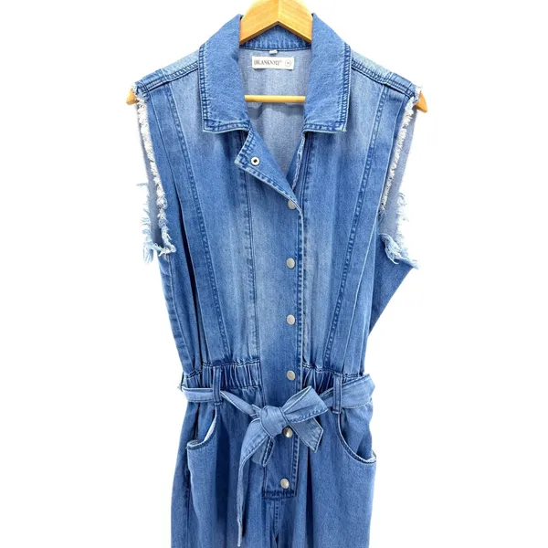 BLANKNYC Womens Blue Denim Sleeveless Boiler‎ Suit Jumpsuit Tie Waist Medium - Image 4